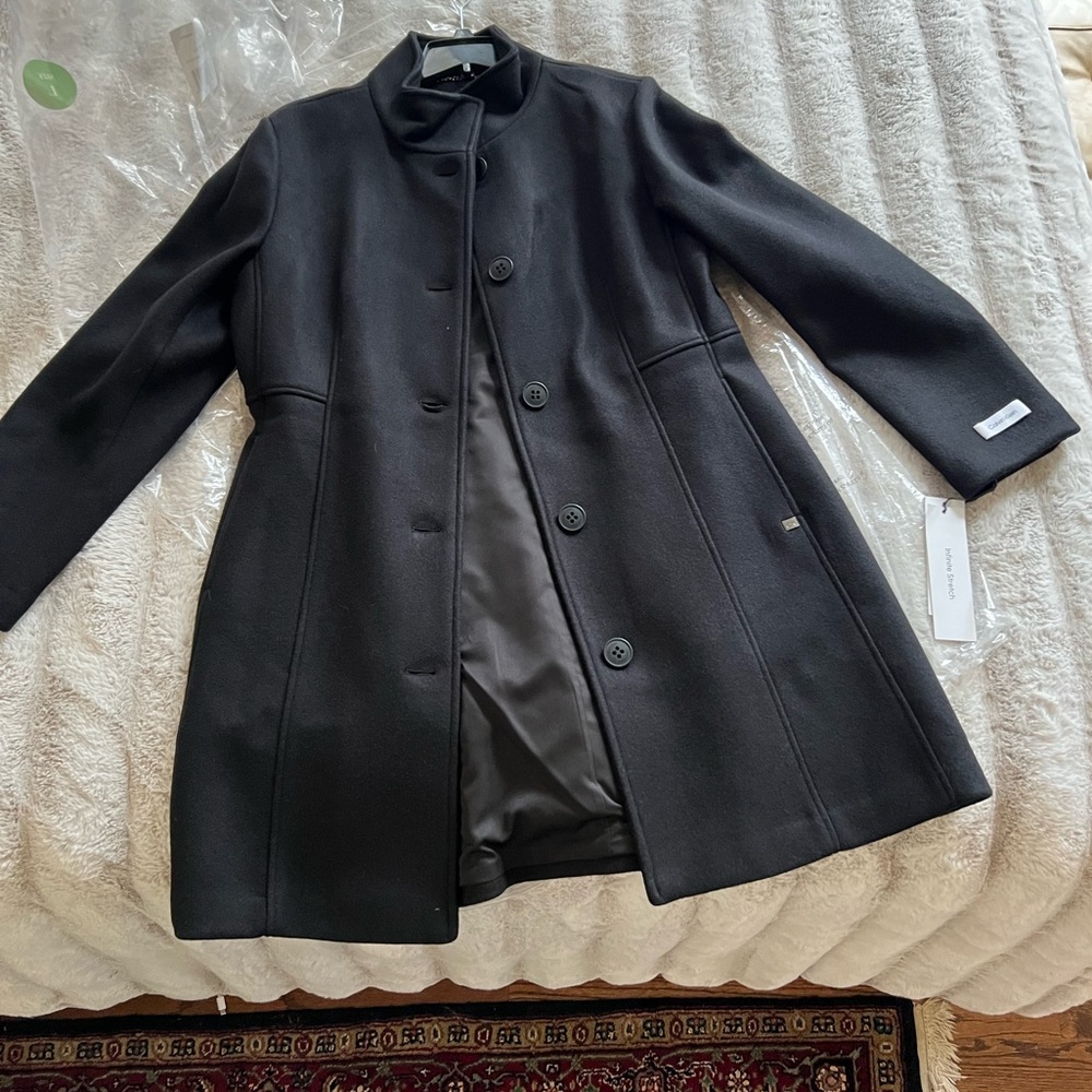 NWT Black Calvin Klein Funnel Neck wool blend overcoat with buttons